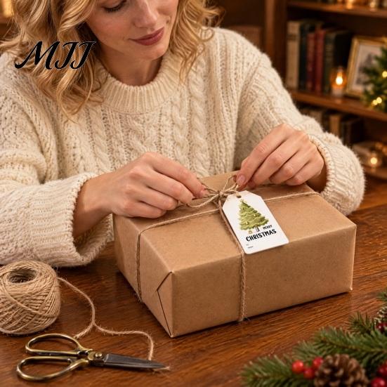 Christmas Package Accessories 60 Pcs Tree Gift Tags with Hemp Rope, Watercolor Xmas Coated Cardboard Winter Holiday Paper Tags, Merry Hanging