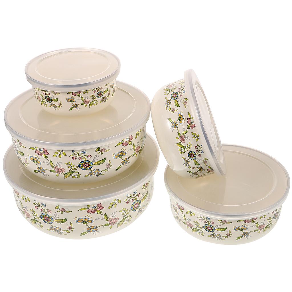 5 Pcs Fresh Fruit Bowl Metal Bowls with Lids Microwavable Mixing Salad Enamel for Baking Enamelware Popcorn