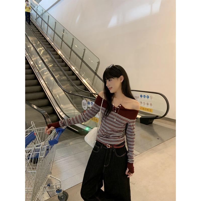 Temperament Contrast Striped Long-sleeved T-shirt for Women Spring New Slim Design One-shoulder Top