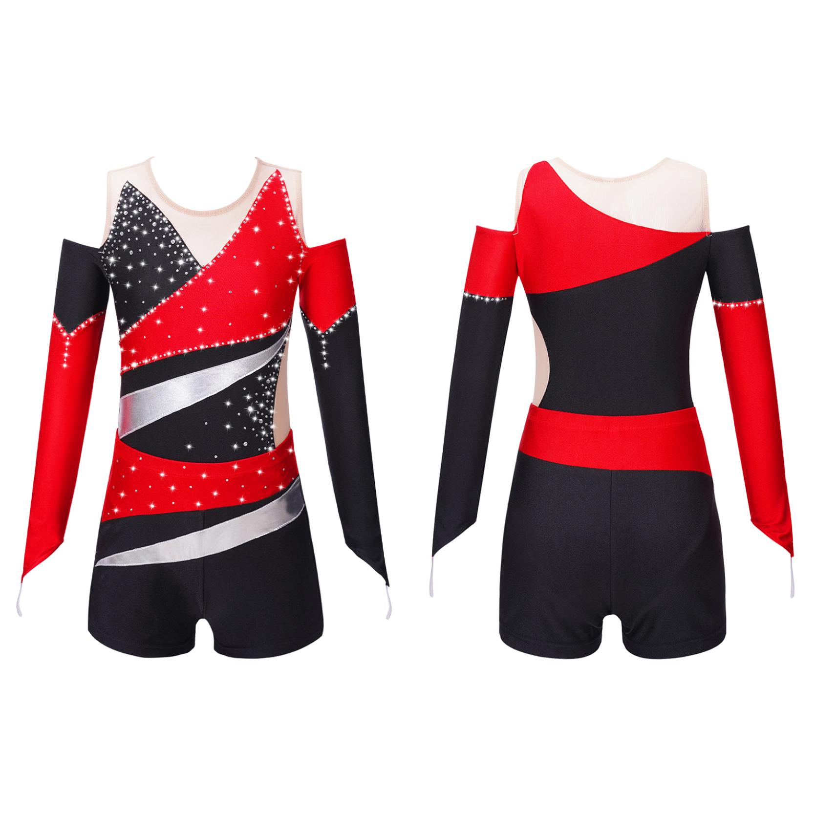 

Детское боди для танцев для девочек, балетный комбинезон с длинными рукавами и открытыми плечами в стиле пэчворк, комбинезон с шортами 5-6 Years красный