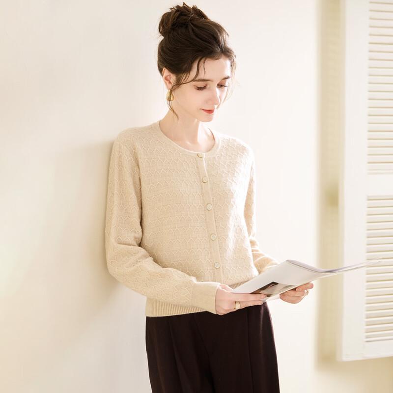 TUHUANG Women's Pure Cashmere Round Neck Cardigan Sweater