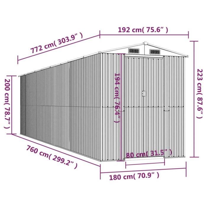 3147445 vidaXL Abri de jardin Gris clair 192x772x223 cm Acier galvanisé