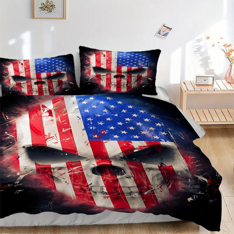 3pcs bedding set Patriotic Skull Includes 1 Comforter + 2 Pillowcases, Without Pillow Inserts, Soft Comfortable, Lightweight Breathable, Pri
