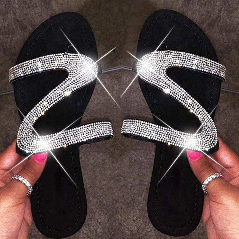 Spring and summer new large size flat toe cool slippers female sweet rhinestones, beach slippers