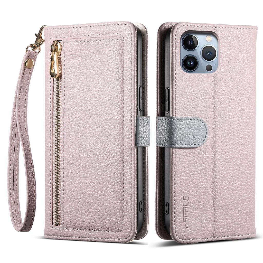 ESEBLE E11 For iPhone 14 Pro Case Zipper Pocket Litchi Texture Leather Phone Cover with Mirror and Wrist Strap