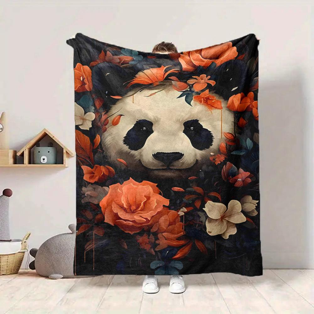 1pc Panda Floral Print Blanket - Lightweight Flannel Fleece with Digital Printing, Soft Warm for Sofa, Travel, Camping, Office yy251018272