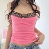 Vintage Leopard Print Stitched Crop Top Women Casual Sleeveless Cute Bow Patchwork Strap Tees Y2k Summer Crop Tops Ladies