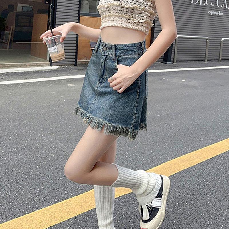 Classic Versatile Youthful Wearable Durable Raw Edge Design Fringe Half-body Skirt A-line Package Hip Retro Ladies Summer Fashion Denim Short Skirt