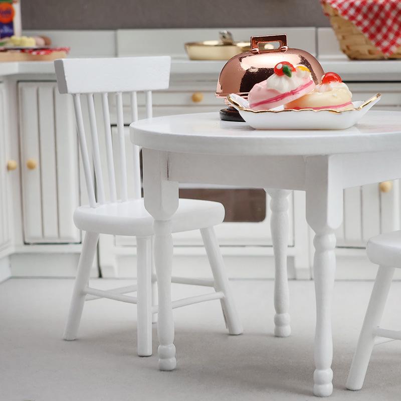 Miniature 1:12 Dollhouse White Round Table and Chair Set for Display or Play.