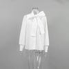 Womens Loose Fit White Shirt With Tie Neck Flowing Collar Casual Office Wear Cotton Blend Long Sleeve Top