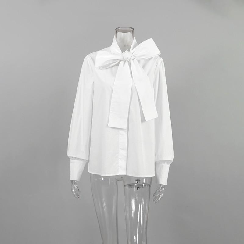 Womens Loose Fit White Shirt With Tie Neck Flowing Collar Casual Office Wear Cotton Blend Long Sleeve Top