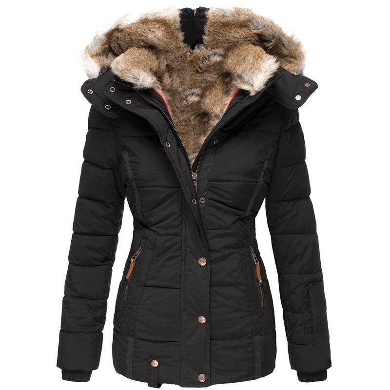 Women's Faux Fur Hooded Puffer Jacket, Winter Warm Coat with Metal Buttons