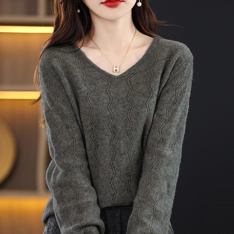 Women's 100% Hollow Wool V-Neck Sweater with Long Sleeves and Loose Collar - Autumn/Winter Style