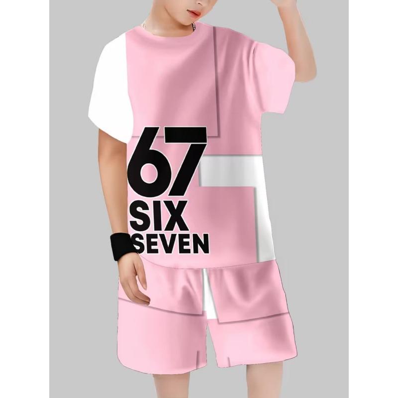 Conjunto de 2 piezas para niños de verano, casual, deportivo, tendencia, estampado de patrón 3D, camiseta de cuello redondo y conjunto de pantalones cortos