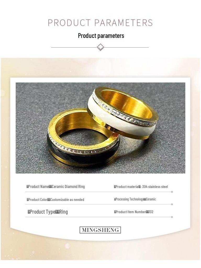 European-American Inlaid Diamond Black Ceramic Couple Ring: Rotatable Stainless Steel