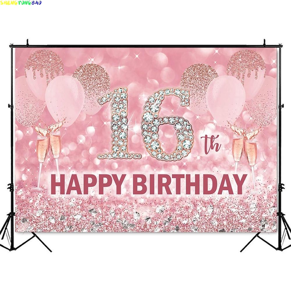 Happy 16th Birthday Backdrop for Photography Pink Glitter Girl Birthday Party Decoration Supplies Sweet 16th Champagne Backdrop