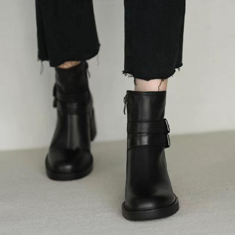 Womens Ankle Boots Fashion Belt Buckle Soft Leather Boots Plush Warm Winter Boots for Women Heel Casual Leather Boot Botas Mujer
