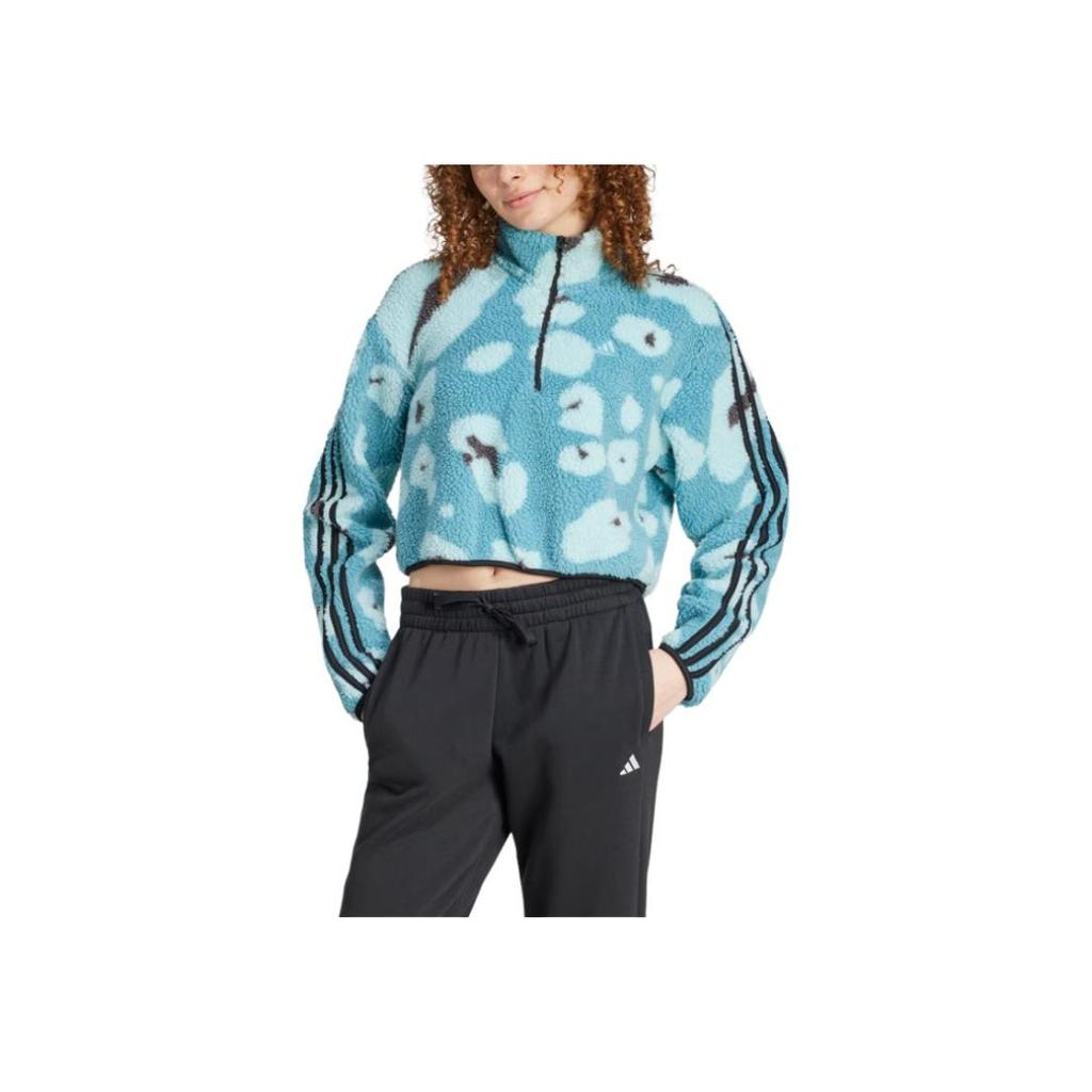 adidas Essentials 3-Stripes Animal Print High Pile Cropped Half-Zip Long Sleeve Sweatshirt Women Tops Blue IY0148