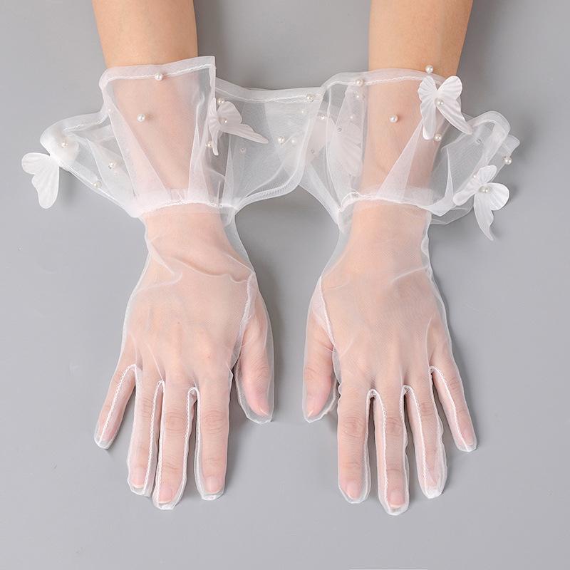 White Mesh Breathable Fairy Pearl Gloves For Women Wedding Dress Accessories Studio Po Gloves Birthday Pography Props
