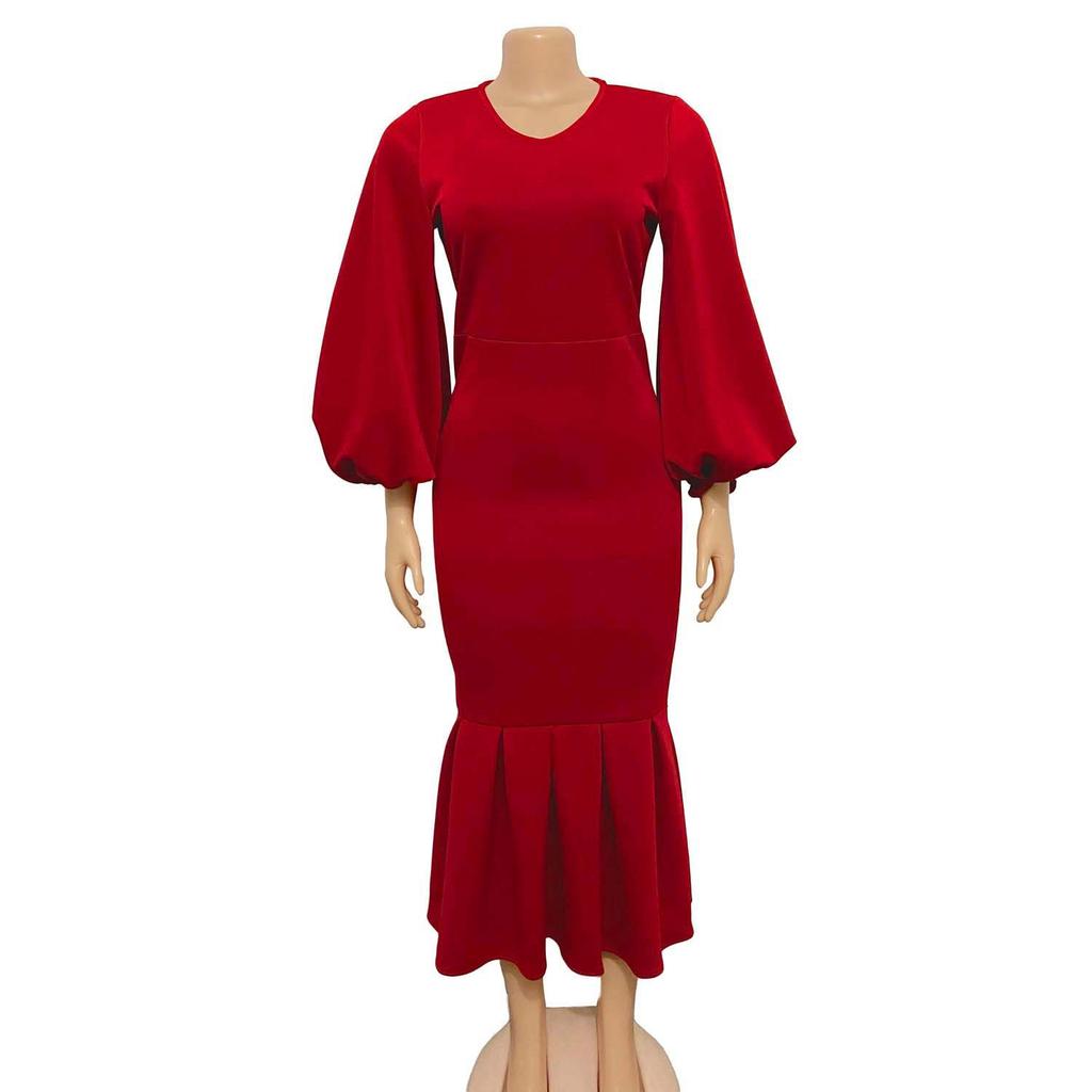 Women's Spring New Fashion Large Size V-Neck Long Sleeve Sexy Fishtail Dress Dress