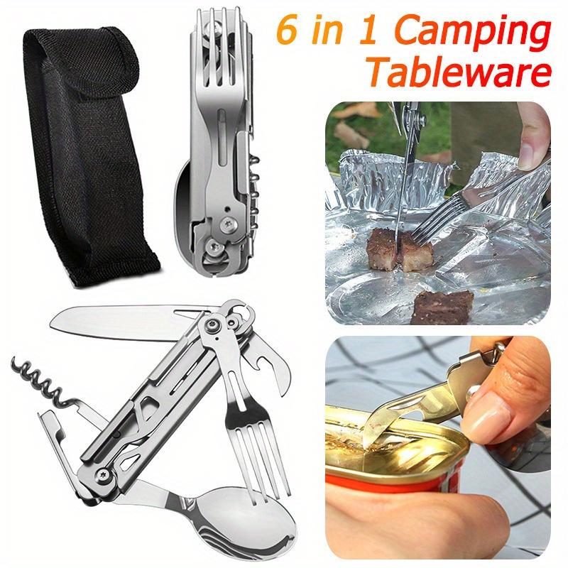 A set of 6-in-1 multi-functional folding outdoor tableware, camping portable meals, knives, forks, spoons, bottles, outdoor camping cookware