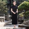 Black Modern Chinese Style Long Cheongsam Dress Women 2026 Short Sleeve Retro Elegant Daily Wear