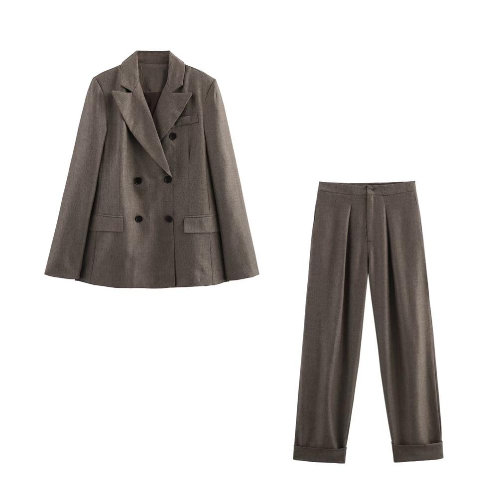 

2025 Spring/Summer Women s Double-Breasted Suit Jacket & Straight-Leg Pants Set Large