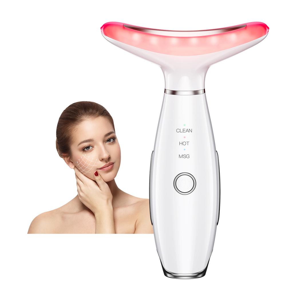 7 Color LED Photon Neck & Face Beauty Massager, EMS Microcurrent Heating Vibration Skin Care Instrument for Home Skincare