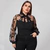 Plus Size Lace-up Bow Pullover: Long Sleeve Mesh Stitching Short Shirt