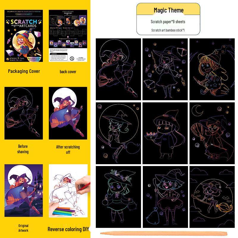 Conjunto Colorido de Arte Scratch: Livro de Rabiscos e Desenhos DIY de Desenho Animado para Crianças