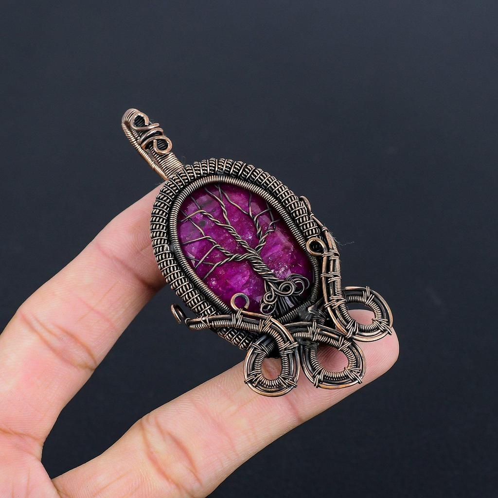 Rubin Anhänger Edelsteinschmuck, 999 Kupferdraht gewickelter handgefertigter Anhänger, Schmuck im neuesten Design