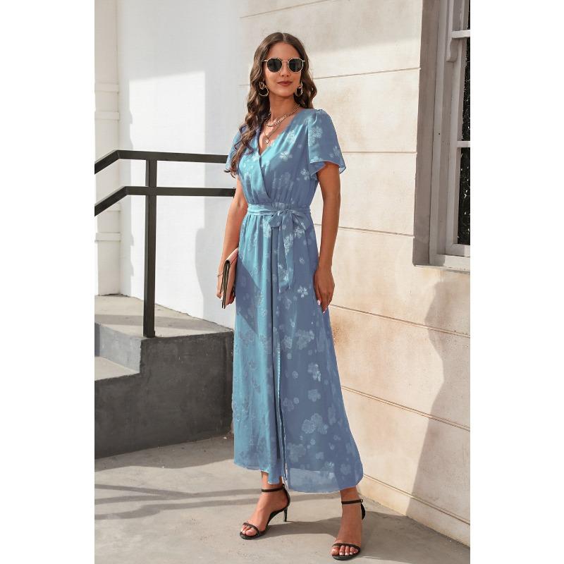 V-neck High-waisted Strappy Dress Jacquard Split Long Short-sleeved Dresses