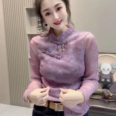 Frühlingsdesign Stehkragen Batik-Shirt Neues Langarm-T-Shirt Damen Slim Neues Oberteil im chinesischen Stil