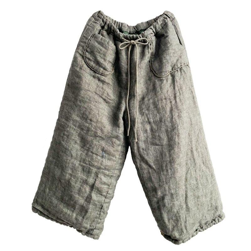 Johnature Damskie szare spodnie z szerokimi nogawkami Grube spodnie z elastyczną talią Ciepłe kieszenie na pasek Vintage Luźne spodnie damskie