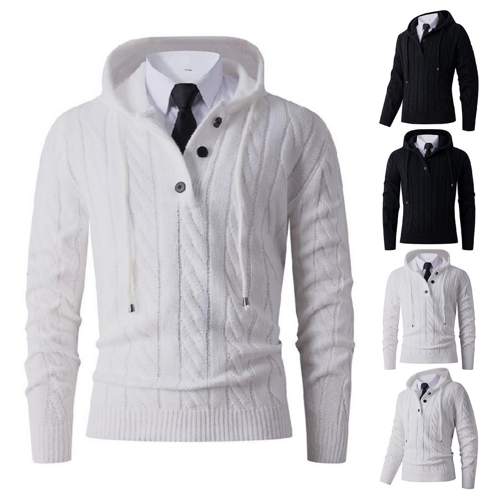Men's Solid-color Casual Long-sleeved Hooded Pullover, Men's Button Collar Embossed Texture Warm Knitted Sweater
