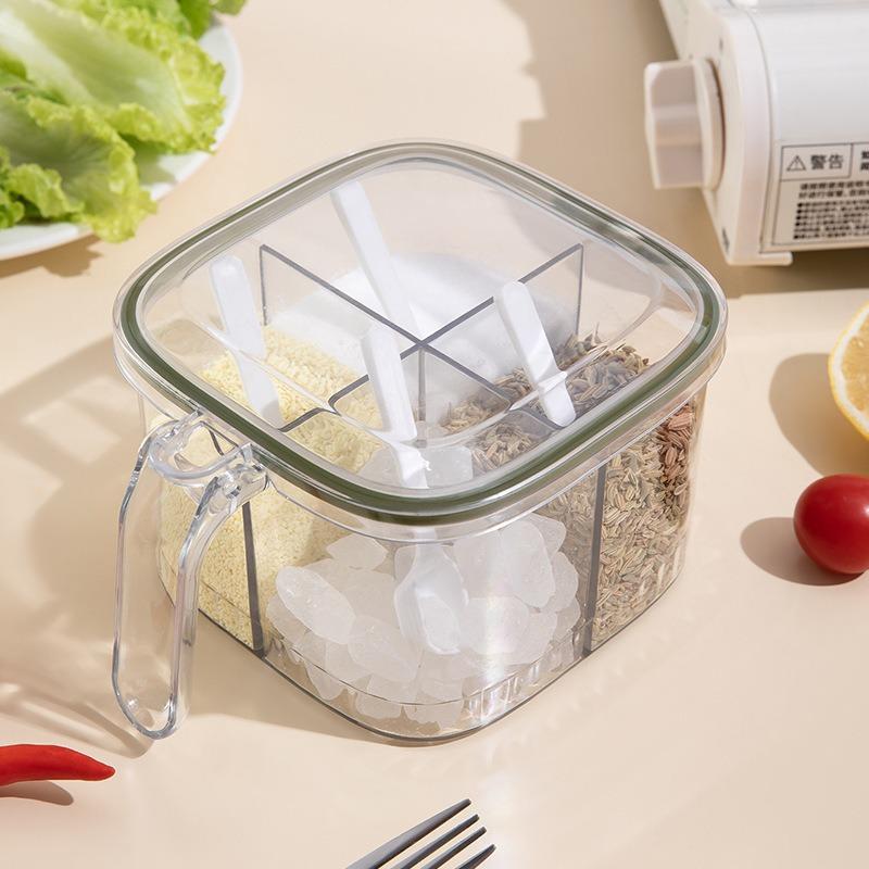 Integrated Multi-compartment Kitchen Seasoning Container and Storage Box for Salt, Monosodium Glutamate, Pepper and Other Seasonings.