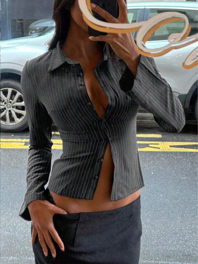2025 European & American Women's Long Sleeve Button Cardigan Shirt with Turn-Down Collar