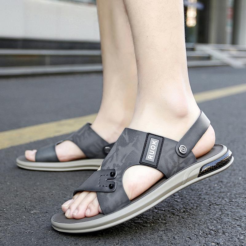 Men Leather Two ways Wear Sandals Male Beach Solid Sewing Leisure Slippers Summer New Skin Friendly Wear-resistant Shoes