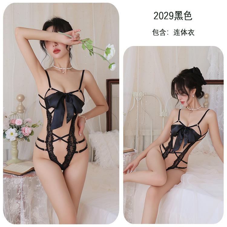 Long Night, romantic lingerie, sexy lace-up, cutout bow, lace seductive, Revealing breasts, halter jumpsuit 2029