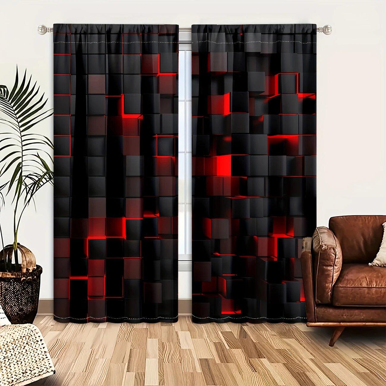 Tonnika Chen Red/Black Geometric Cube Design Abstract Printed Curtains Poles Home Decoration Room Curtain Made Of Polyester