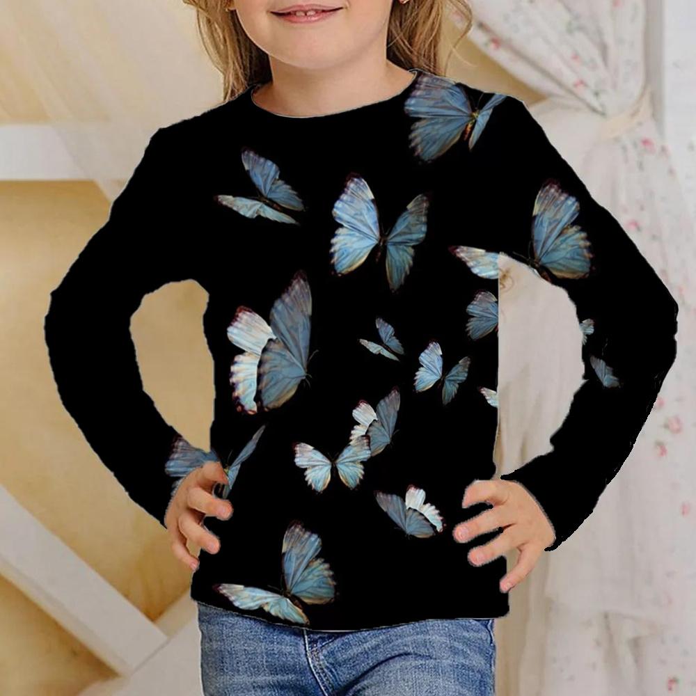 Spring and Autumn Round Neck Butterfly Pattern 3D Printed Top Fashionable Casual Long Sleeved Children's Girl T-shirts