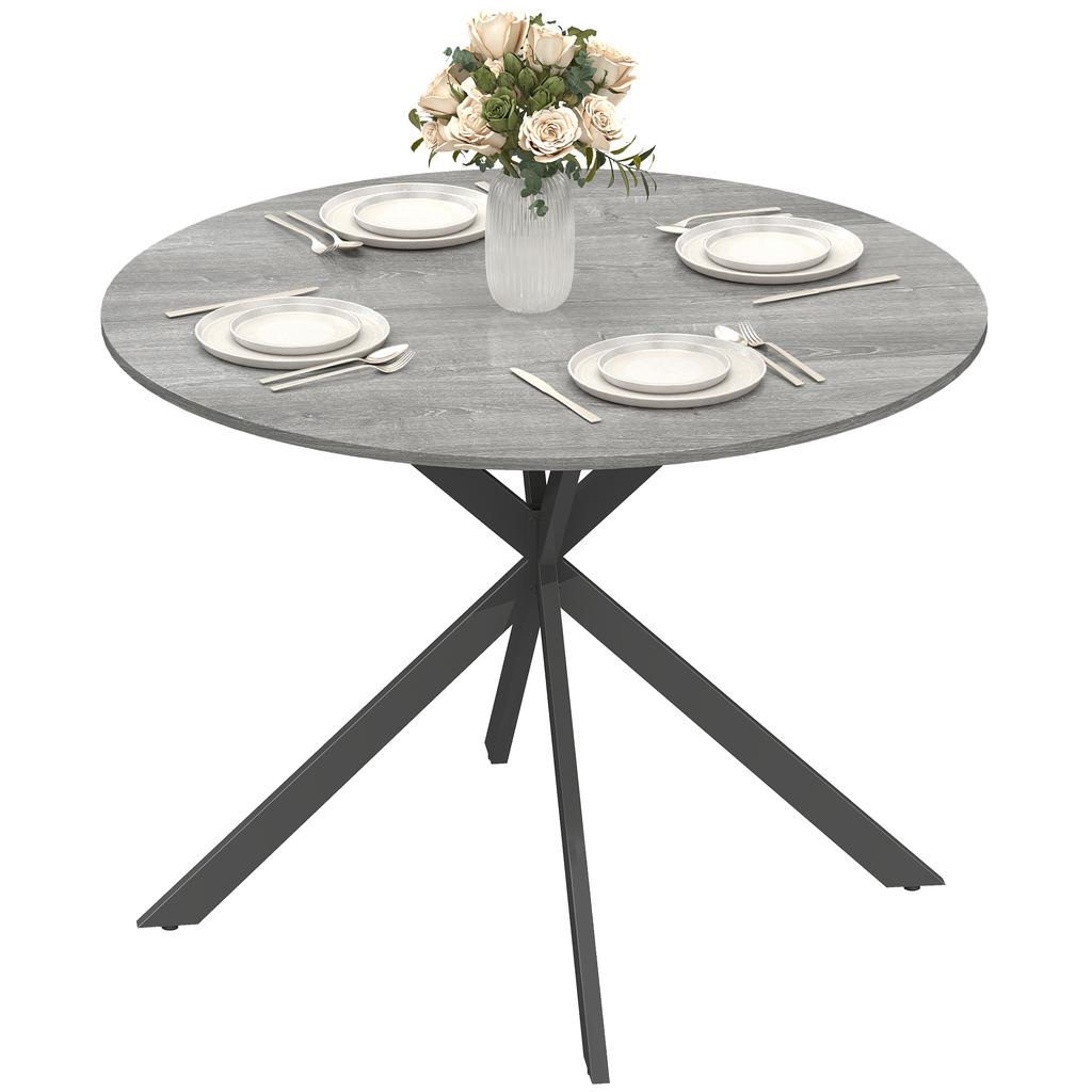 Round Dining Table for 4 People 100 cm, Industrial Style with Wood-Look Top, Crossed Steel Legs, Gray