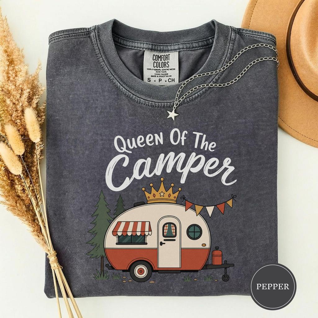 Queen of the Camper Shirt, Funny RV Camping Tee, Retro Travel Trailer Humor Tshirt, Camping Gift for RV Moms and Happy Glampers