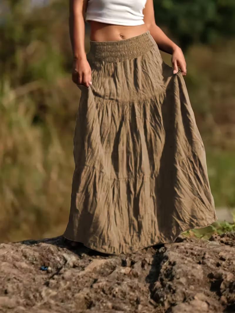 

Elegant A-line Long Skirt - Solid Color, Big Hem, Ideal for Vacations & Casual Wear L хаки