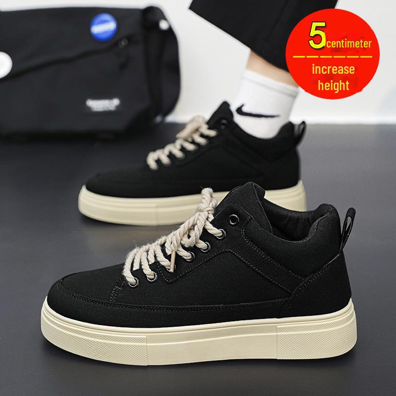 Pánské letní prodyšné plátěné tenisky s vysokým svrškem: Černý retro styl s navýšením výšky pro trendy ležérní sportovní vzhled.