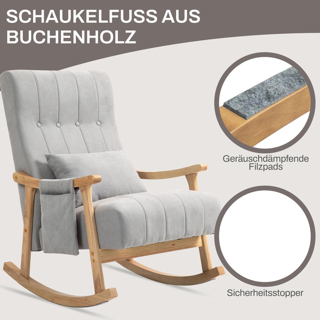 Rocking Chair with Lumbar Cushion, Wide Seat, Rubberwood Frame, Up to 120 kg, Gray