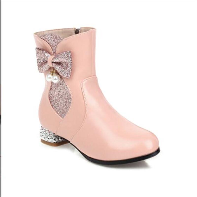 Autumn Winter Girls Boots New Style Sweet Bow Zipper Mid Boots High Heel Women's Boots Pink Lolita Student Boots Plus Size 28-43