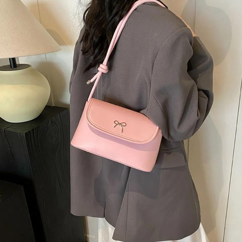 PU Leather Bowknot Underarm Bag Solid Color Y2K Crossbody Bag Fashion Bow Armpit Handbag Women