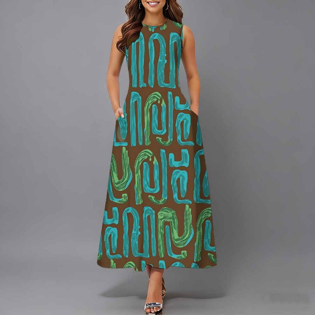 Oversized Female Sleeveless Round Neck Dress Fresh Tiny Floral Printed Loose Mid Length Outfit