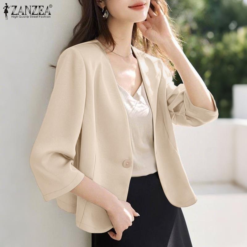 ZANZEA Women Casual V-Neck Loose 3/4 Sleeve Plain Blouse
